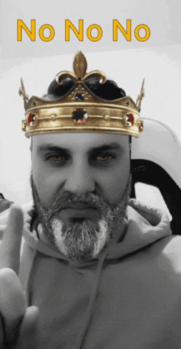 a man with a beard wearing a crown with the words " no no no " written above him