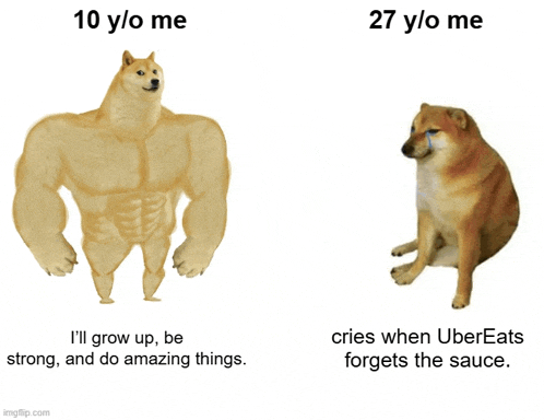 a picture of a dog with the caption " i 'll grow up be strong "