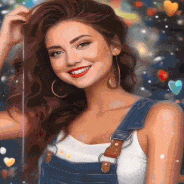 a woman wearing overalls and hoop earrings is smiling for the camera
