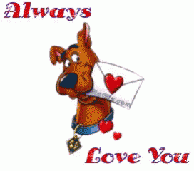 scooby doo is holding an envelope with hearts coming out of it and the words " always love you "