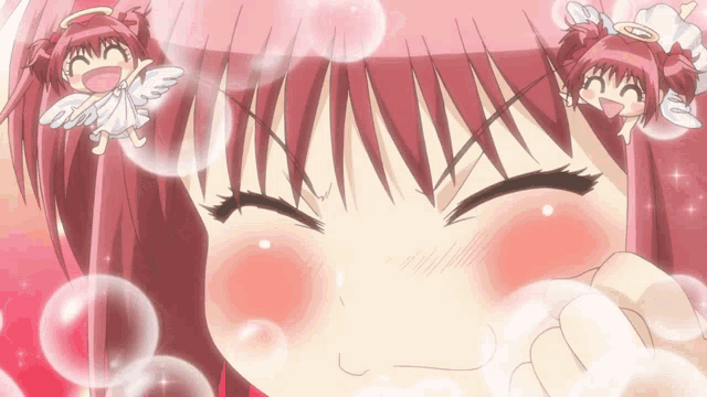 a girl with red hair is surrounded by bubbles and two angels
