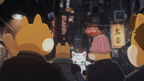 a group of cartoon cats standing in front of a coffee shop