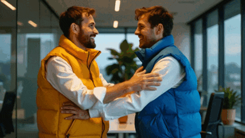 two men wearing blue vests are hugging each other
