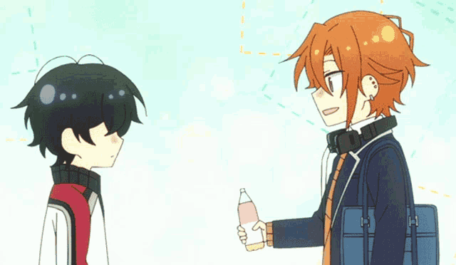 two anime characters are standing next to each other one is holding a bottle