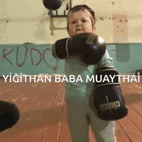 a baby wearing boxing gloves with the words kudo yigithan baba muaythai
