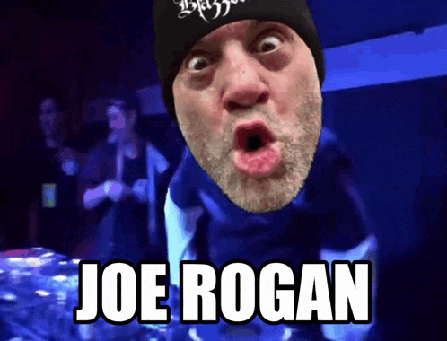 a man making a funny face with joe rogan written in white