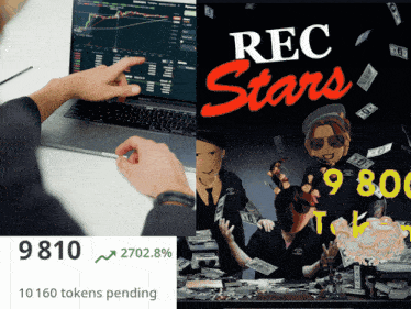 a man is looking at a laptop next to a rec stars poster
