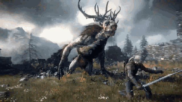 a man holding a sword is fighting a monster in a video game