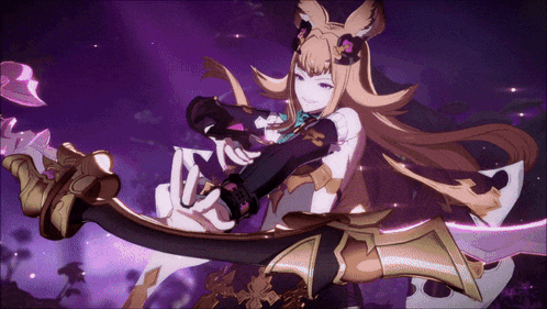 a cartoon character with a purple background and a sword