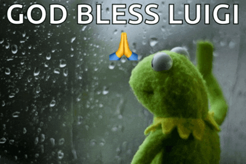 kermit the frog praying in front of a window with the words god bless luigi written above him