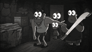a black and white cartoon of a man with a machete