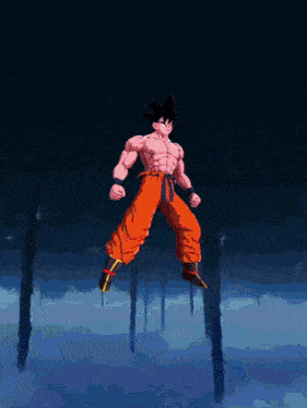 a cartoon character is jumping in the air with a dark background