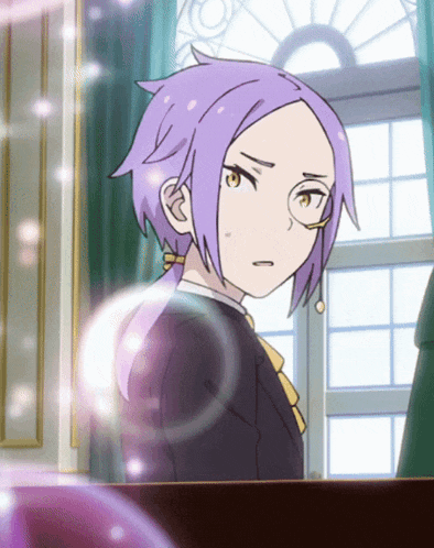 a girl with purple hair and glasses looks to the side