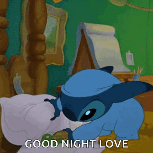 a cartoon character is laying on a bed with the words " good night love " written on the bottom