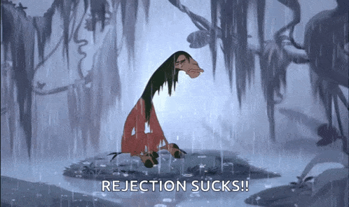 a cartoon character in the rain with the words rejection sucks written below him