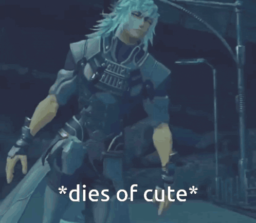 a picture of a video game character with the words * dies of cute *