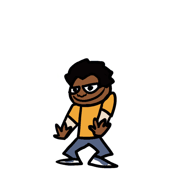 a cartoon character with a yellow shirt and blue pants