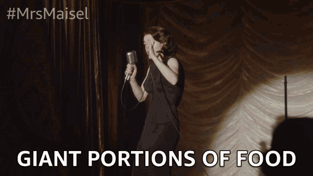a woman singing into a microphone with the words " giant portions of food " below her
