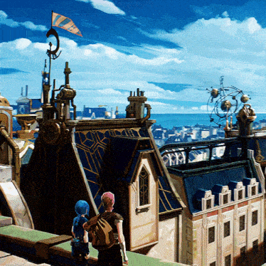 a couple of people standing on top of a building with a flag on top that says ' a '