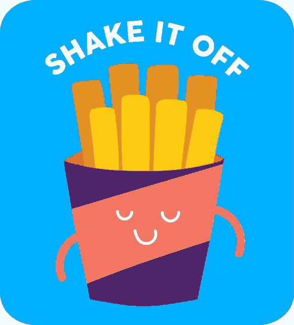 a cartoon of french fries with the words shake it off below it