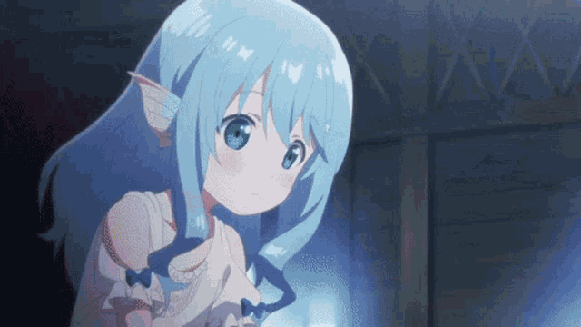 a blue haired anime girl with green eyes