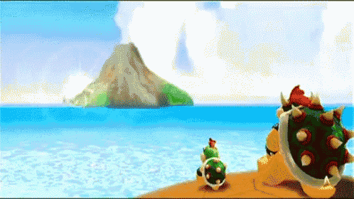 bowser and koopa are sitting on a beach in front of a volcano in the ocean .