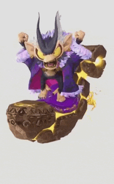 a cartoon character with horns and a purple robe is flying on top of a rock .