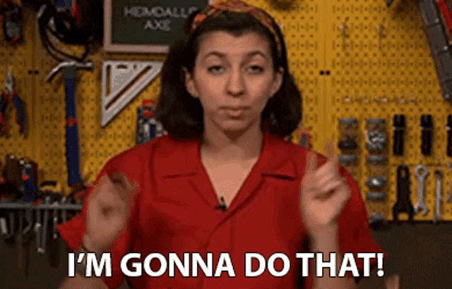 a woman in a red shirt is saying i 'm gonna do that