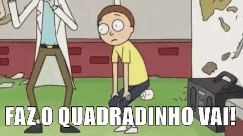 a cartoon character from rick and morty is squatting down in front of a speaker .