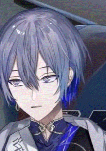 a close up of a person 's face with purple eyes and blue hair