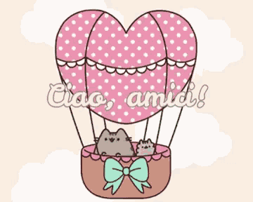 two cats are sitting in a hot air balloon with the words ciao amici written on it