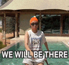 a woman is standing in a pool with the words " we will be there " written above her