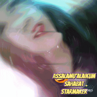 a close up of a woman 's face with the words assalamu ' alaikum sahabat starmaker written below her