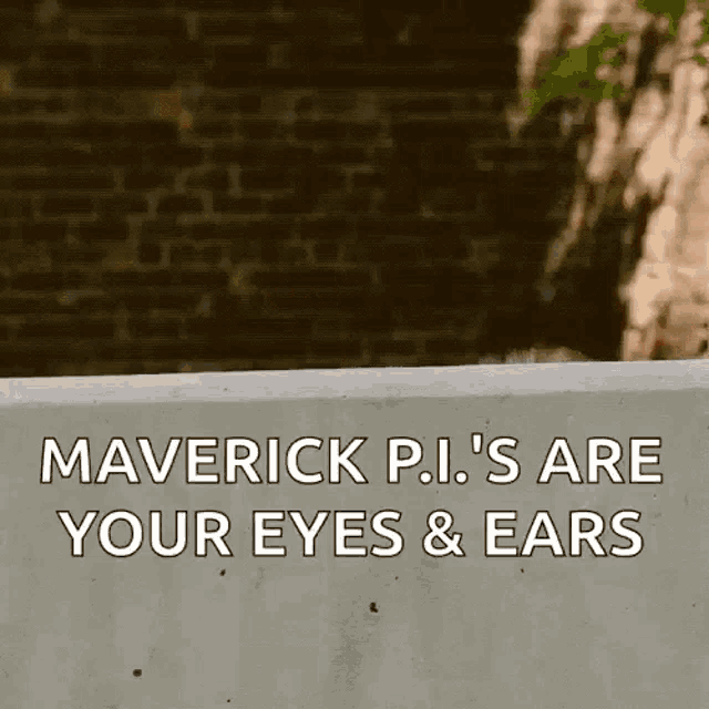 two men peeking over a wall with the words maverick p.i. 's are your eyes and ears
