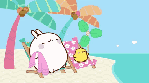 a cartoon bunny is sitting in a beach chair with a towel around its neck .