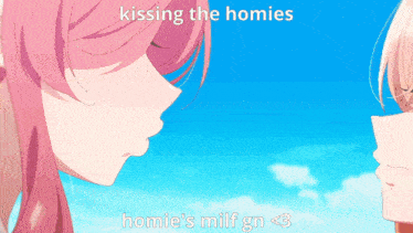 a girl with pink hair is kissing another girl with white hair