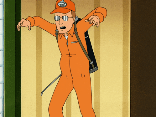 a cartoon of a man wearing an orange jumpsuit and a hat that says ' king of the hill ' on it