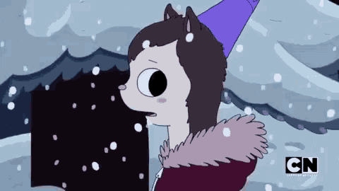 a cartoon character is wearing a purple party hat and a fur coat .