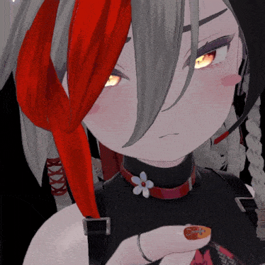 a close up of a girl 's face with a flower necklace