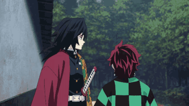 two anime characters are standing next to each other and one has a sword on his belt