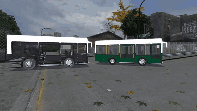 two buses are parked next to each other on a street with a sign that says see7