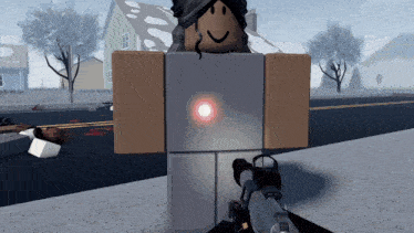 a roblox character is holding a gun with a red light on her chest