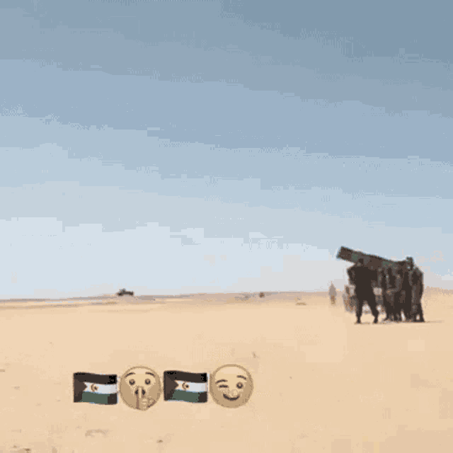 a group of soldiers are standing in a desert with flags and smiley faces