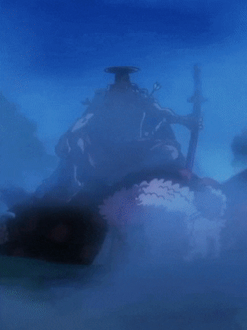 a man is holding a sword in his hand while sitting on a sheep .