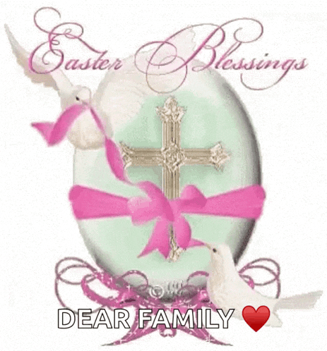 a easter blessings card with a cross and a pink bow
