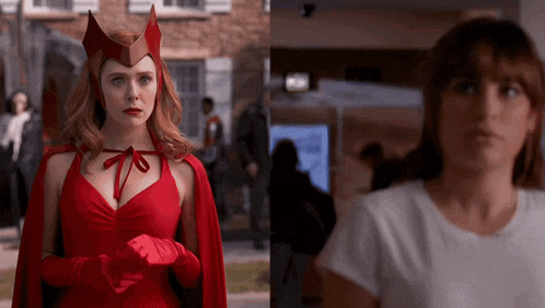 a woman in a scarlet witch costume is standing next to a woman in a white shirt .