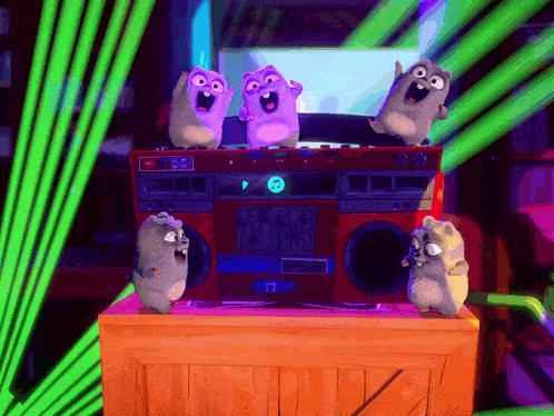a group of hamsters are singing and dancing in front of a radio