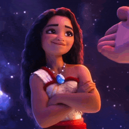 a close up of a cartoon character with long hair and a blue necklace