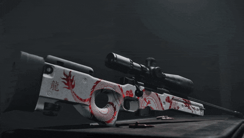 a sniper rifle with a dragon design and the word dragon behind it