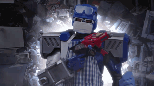 a robot wearing a mask and goggles is holding a toy gun that says ' sd ' on it